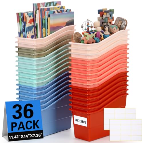 Geetery 36 Pack Large Book Bins with Labels for Classroom, 11.4" x 7.5" x 5.5" Plastic Vertical Book Storage Bins Heavy Duty File Organizers Boxes for Library Office Home Warehouse Supplies (Colorful)