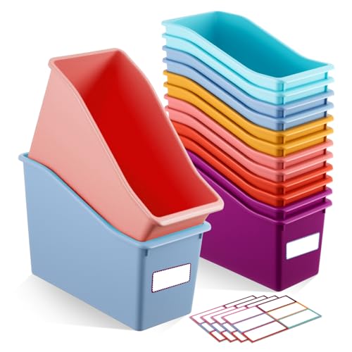 Geetery 6 Pcs Book Bin for Classroom with Labels Stackable Plastic Organizing Bins 11.5 x 5.4 x 7.5 in Book Holders Storage Bins Box Baskets for Classroom Library Home (Wildflower Color)