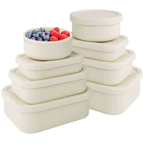GEFEDESUL 8 Pcs Food Storage Containers with Lids, with 2 Round 300ml Container, Rectangular Hard Shell Silicone Bento Box, 10/23.6/44 Oz, Microwave Dishwasher Fridge for Kitchen Meal Prep