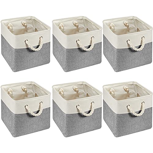 Geiserailie 6 Pcs 11 x 11 Inch Cube Storage Bins Fabric Storage Organizer Bins Foldable Cube Baskets with Sturdy Carry Handles Wicker Baskets for Home (Gray and White)