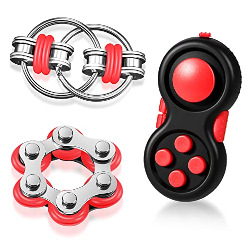 Gejoy 3 Pcs Fidget Toys Adult Set - Controller Fidget Pad, Bike Chain & Flippy Chain, Silent Sensory Stress Relief Toys for ADHD Add OCD Anxiety, Office Work Study for Teens Adults(Black and Red)