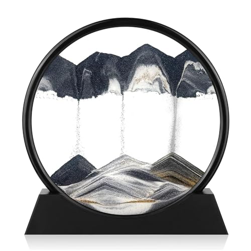 GEKETY Moving Sand Art Picture - Round Glass 3D Deep Sea Sandscape - 3D Quicksand Painting Decor - Relaxing Home Decoration Desk Figurine for Office, Home, Desk, Mantle, Bookshelf - (Black, 12 in)