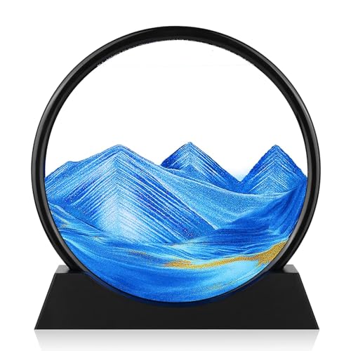 GEKETY Moving Sand Art Picture - Round Glass 3D Deep Sea Sandscape - 3D Quicksand Painting Decor - Relaxing Home Decoration Desk Figurine for Office, Home, Desk, Mantle, Bookshelf - (Blue, 7 in)