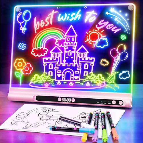 Geokay 16“ Rechargeable LED Drawing Board, 9-Color Light Modes with Timer & Built-in Stand, Neon Glow Up Dry Erase Doodle Note Pad, Sketching Gift Toy for Kids/Girls/Teens, 6 Markers & Tracing Book