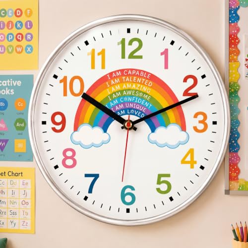Gerrii Boho Rainbow Teaching Clock for Classroom, 8 Inch Silent Non Ticking, Colorful Positive Clock for Playroom Homeschool, Back to School Gift for Teacher, Battery Operated Glass Lens