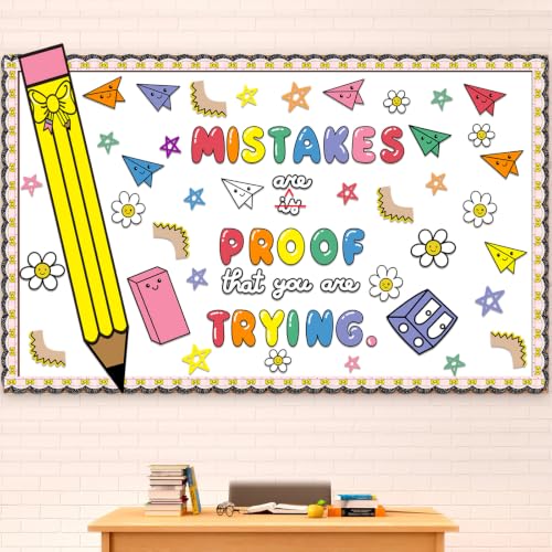 Gersoniel 78 Pcs Pencil Back to School Bulletin Board Mistakes are Proof You are Trying Composition Notebook Bow Inspirational Classroom Decoration Educational Cutouts for School Classroom Door