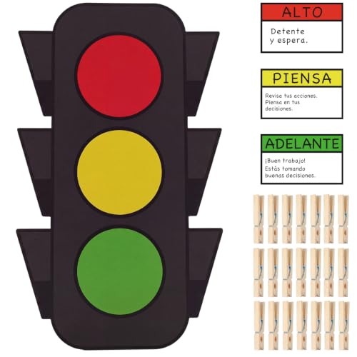 Gersoniel Classroom Stoplight Behavior Chart with Wooden Clothespins Traffic Light Behavior Pocket Chart Hanging Classroom Management Learning Tools for Teacher Back to School Discipline (Spanish)