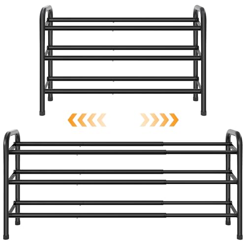 Gewudraw 3 Tier Shoe Organizer, Shoe Rack for Closet, 28“ Metal Shelf Can Expandable to 42“, for Bedroom, Entryway, Closet, Garage, Adjustable to 18 Pairs Shoes, Black
