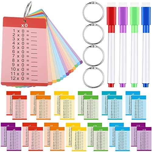 Geyee 52 Pieces Multiplication Flash Cards 0-12 Math Flash Cards Times Table Card for 1st to 3rd Grade Kids with 4 Dry Erase Markers and 4 Rings Set Educational Times Table Flashcard Learning Supplies