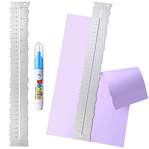 Geyee Metal Paper Tearing Ruler Deckle Edge Craft Ruler for Cutting Paper Stainless Steel 12 Inches Cut Tool Irregular Edges Measuring Tool with Water Pen for School Scrapbook