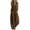 GFGHJFJY Women Linen Jumpsuit,Sleeveless Casual Wide Legs Rompers with Pockets,Baggy Button Down V Neck Summer Overalls