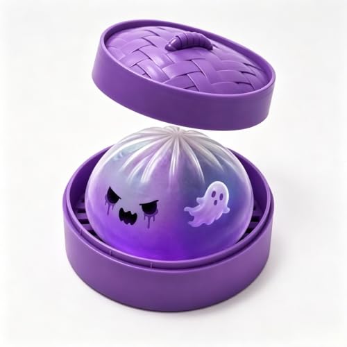 Ghost Dumpling Squishy Squeeze Toy with Steamer, Purple Cute Ghost Bao Stress & Anxiety Relief Fidget Sensory Ball, Halloween Toy, Ideal Holiday & Birthday Gift for Teens Adults (Purple)