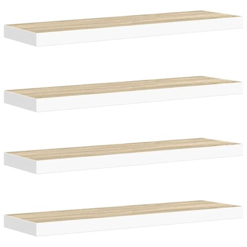 GHVBNMF Floating Wall Shelves 4 pcs, 31.5x9.3 Inch Oak and White Wall Mounted Display Shelf with Invisible Brackets, Honeycomb MDF and Metal Frame Hanging Rack for Home Office Decor