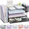gianotter Desk Organizers and Accessories with File Holder, 4-Tier Desk Accessories & Workspace Organizers with Drawer and 2 Pen Holder, Paper Organizer for Office Supplies (Black)