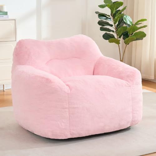 Giant Bean Bag Chair for Adults, Large Memory Foam BeanBag Chairs with Filler, Oversized Faux Fur Bean Bag Sofa, Comfy Reading Chair for Bedroom, Soft Floor Chair for Living Room Game Room (Pink)