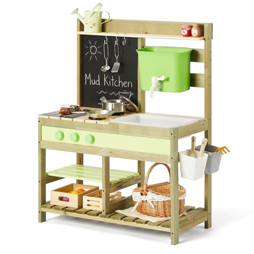 Giant bean Mud Kitchen for Kids Outdoor, Wooden Kitchen Playset with 4.8L Large Water Tank Sink, Sand and Water Table Toy with Pots, Pans & Kitchen Accessories, Pretend Playset for Boys Girls