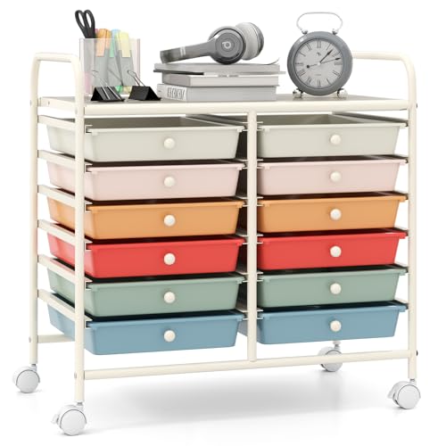 Giantex 12 Drawers Rolling Cart, Mobile Storage Drawer Cart, Classroom Organizer Cart for Office School Supplies Tools Scrapbook Paper Craft Small Printer, Utility Cart on Wheels, Macaron