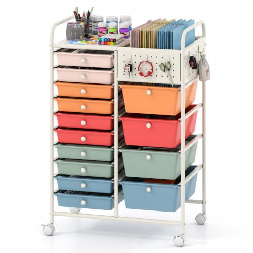 Giantex 14 Drawer Storage Cart, Rolling Craft Cart with Metal Tabletop & Pegboard, Mobile Utility Organizer Trolley with Locking Wheels, Home Office, Macaron Multicolor