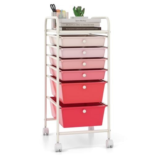 Giantex 6 Storage Drawer Cart Rolling Organizer Cart for Tools Scrapbook Paper Home Office School Multipurpose Mobile Utility Cart (Pink Gradient)