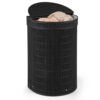 Giantex Bamboo Laundry Hamper with Zippered Lid, 16 Gal Large Capacity Clothes Hamper w/Removable Liner, Half Moon Laundry Basket for Bedroom, Bathroom, Laundry Room (Black)