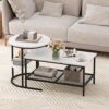 Giantex Nesting Coffee Table Set of 2, Detachable Rectangular Table & Round Table Set w/White Faux Marble Print, Sturdy Black Metal Frame, Modern Stacking Side Table for Living Room, Bedroom