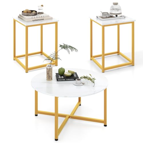 Giantex Round Nesting Table Set of 3, Modern Faux Marble Coffee Table w/2 End Tables, Sturdy Metal Frame, 3-Piece Wooden Living Room Table Set for Home Office, Apartment (White & Gold)