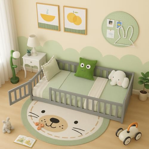 Giantex Twin Floor Bed with Fence for Kids, Wooden Montessori Bed Frame with Lockable Door & Guardrails, Low Floor Beds for Kids, Boys, Girls, No Box Spring Needed, Without Wood Slats, Grey