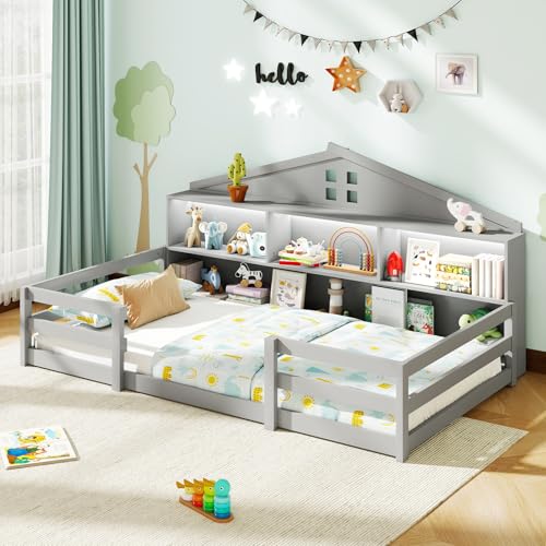 Giantex Twin Size Montessori Floor Bed with LED Lights, 2-in-1 Wooden House Bed Frame with Safety Guardrails, Storage Compartments & Shelf, No Box Spring Needed, Without Slats, Grey