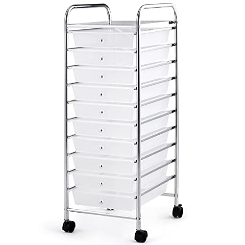 GiantexUK 10/20 Drawers Rolling Trolley, Multipurpose Utility Storage Organizer Cart with Wheels, Home Office Hairdressing Salon Shelving Organizer Unit (10 Drawers, Transparent)