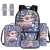 GIFTPUZZ 5-in-1 Set Axolotl Girls Backpacks Ages 4-6 with Lunchbox Water Bottle Sleeve 14" Padded Laptop Pocket Backpacks for Kindergarten Girls 1st Grade