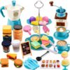 GIFTRRTOY Pretend Tea Party Set for Little Girls, 48 PCS Coffee Maker Set and Play Food Dessert Set for Kids Age 3 4 5 6 7 8 9, Kids Kitchen Pretend Play for Princess Girls Boys(Blue)