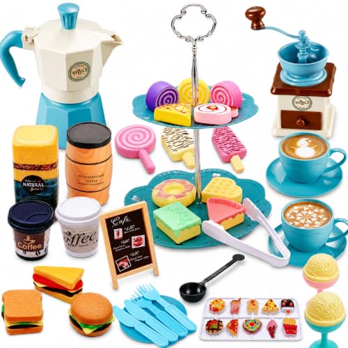 GIFTRRTOY Pretend Tea Party Set for Little Girls, 48 PCS Coffee Maker Set and Play Food Dessert Set for Kids Age 3 4 5 6 7 8 9, Kids Kitchen Pretend Play for Princess Girls Boys(Blue)