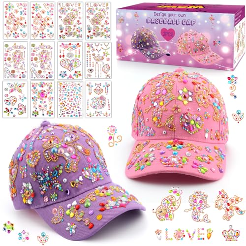 Gifts for Girls 4 5 6 7 8 9 10 Year Old, Decorate Your Own Baseball Cap with 12 Gem Stickers, Fun Arts and Crafts Kit for Kids, Birthday Gifts for Kids 4-6, Creative DIY School Gifts for Girls 4-12