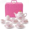 Giggle & Honey® Floral Porcelain Tea Set for Girls, Kids Tea Party Picnic Basket with Teapot Cups & Saucers, Pink Carry Case, Birthday Gifts for Girls Ages3, 4, 5, 6, 7, 8