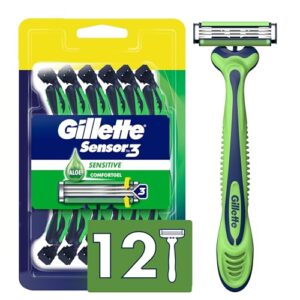 Gillette Sensor3 Sensitive Men's Disposable Razor, 12 Razors (Pack of 6)