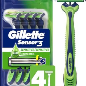 Gillette Sensor3 Sensitive Men's Disposable Razor, 4 Razors (Pack of 12)