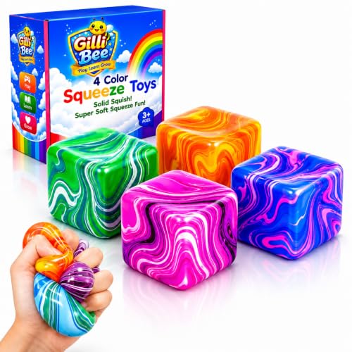 Gilli Bee 4-Color Squishy Stress Cube | Ice Cube Fidget Toy for Stress Relief & Anxiety | Slow Rise Stress Ball for Kids Adults | Durable TPR High Density Gel Filled Sensory Toy (1.97in Marble Cubes)