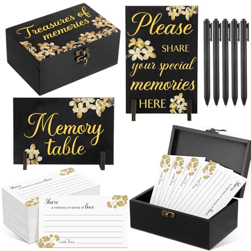 Gilprop 112 Pcs Celebration of Life Memory Cards Set Share a Memory Cards with Box 2 Wood Sign with 4 Hold and 5 Pens, Sympathy Memorial Gifts Funeral Keepsake Decorations(Forget Me Not Flower)