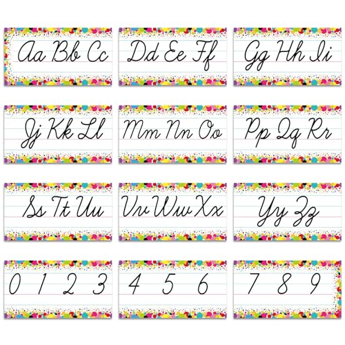 Gilprop 12 Pcs Cursive Alphabet Line Cursive Bulletin Board Set Classroom Alphabet for Wall Number and ABC Wall Decor for Preschool English Poster Kindergarten Primary School Home(Colorful,Confetti)