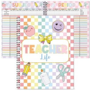 Gilprop 2026-2027 Pastel Checkerboard Teacher Record Book 8.5" x 11" Pattern Teacher Class Grade Book Spiral Bound Record Double Sided Color Printing Office Supplies Favors Gift for Classroom School