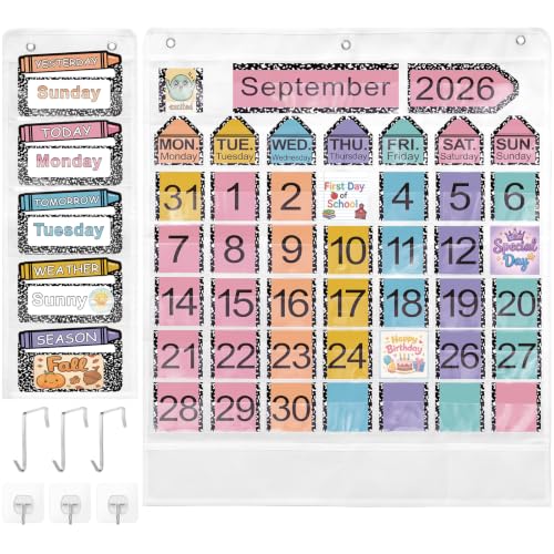 Gilprop 2 Pack Classroom Calendar Pocket Chart with 130 Cards Composition Book Pastel Crayon Themed Circle Time Calendar Monthly Weather Seasons Feelings Chart for Preschool Kindergarten Homeschool