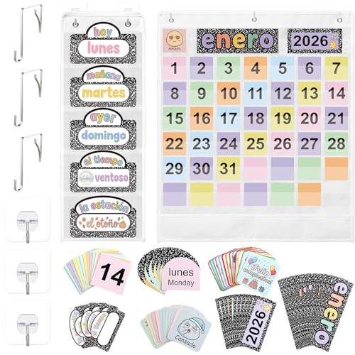 Gilprop 2 Pack Classroom Calendar Pocket Chart with 130 Cards Composition Book Pastel Spanish Themed Circle Time Calendar Monthly Weather Seasons Feelings Chart for Preschool Kindergarten Homeschool