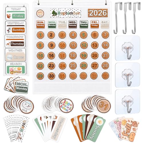 Gilprop 2 Pack Classroom Calendar Pocket Chart with 130 Cards Woodland Themed Circle Time Calendar Monthly Weather Seasons Feelings Chart Teacher Must Haves for Preschool Kindergarten Homeschool