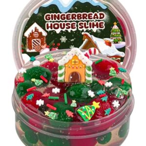 Gingerbread House Green & Red Pom-Poms Clear Slime, Slimes Party Favors for Kids, Sensory Toys Girls Gifts & Boys Gifts Birthday Easter Halloween Christmas Slime