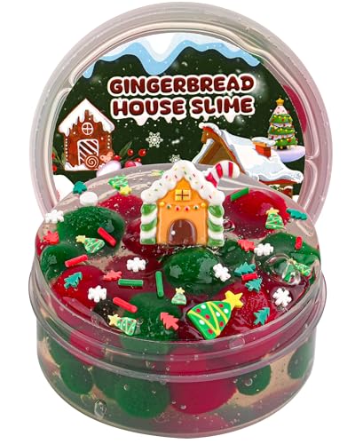Gingerbread House Green & Red Pom-Poms Clear Slime, Slimes Party Favors for Kids, Sensory Toys Girls Gifts & Boys Gifts Birthday Easter Halloween Christmas Slime