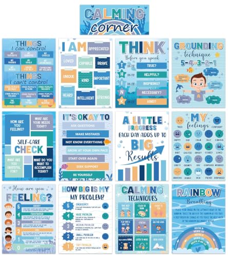 gisgfim 13Pcs Ocean Calming Corner Classroom Poster Ocean Calm Down Corner Feeling Chart Mental Health Poster Educational Therapy Emotion Coping Skills for Classroom Wall Decoration
