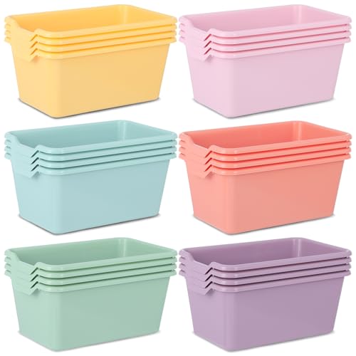 gisgfim 24 Pack Plastic Cubby Bins Classroom Book Bins Scoop Front Stackable Easy-to-Grip Toy Storage Tubs Containers for School Library Office Home Nursery Playroom Organization (Pastel Color)