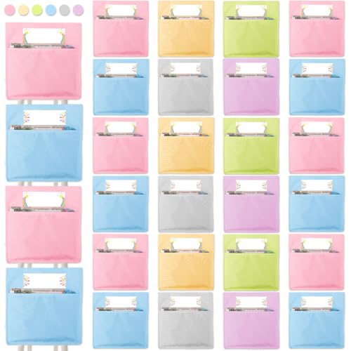 gisgfim 24 Pcs Chair Pockets for Classroom 19 x 17 inch for Classroom Chairs Seat Back Organizer with Name Tag Chairback Pocket Chart for Elementary School Home Supplies(Pastel)