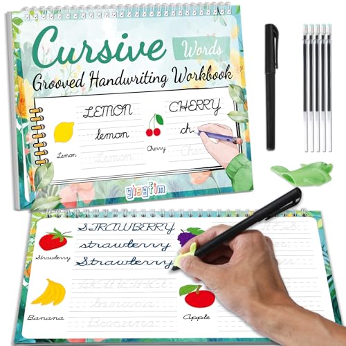 gisgfim Grooved Cursive Handwriting Workbook Magic Reusable Grooved Cursive Handwriting Practice Guided Tracing with Disappearing Ink Pens for Beginners Kids Learning Activities Supplies (Words)