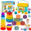 GJOF2YK Montessori Baby Toys for Ages 6–18 Months with Sensory Shape Sorter Matching Game Toy Stacking Ring Soft Building Blocks Developmental Learning Toys for Toddlers 1+ Year Old